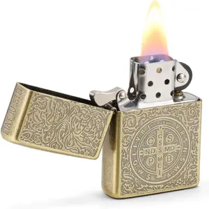 Constantine Lighter, Carved Vintage Style Gold Petrol Kerosene St Benedict Metal Lighter for Collect Men, Dad, Husband Gift (Sold Without Petrol)