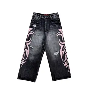 Denim  Women's Washed Ripped Printed Straight Jeans - Trendy Brand, Street Hip-Hop Casual Pants, Womenswear Bottom