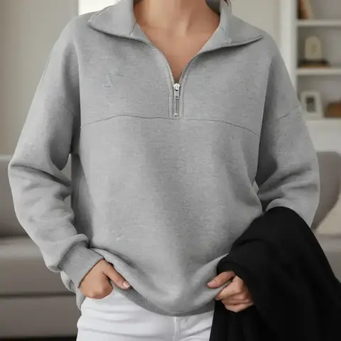 Women's Loose Zipper Long Sleeve Basic Pullover Sweater, College Sweatshirt, Casual Fall & Winter Clothing, Womenswear, Teacher, Daily Wear, Everyday, School Apparel, 1-4 Pieces Set, Oversized Sweatshirts, Hoodie