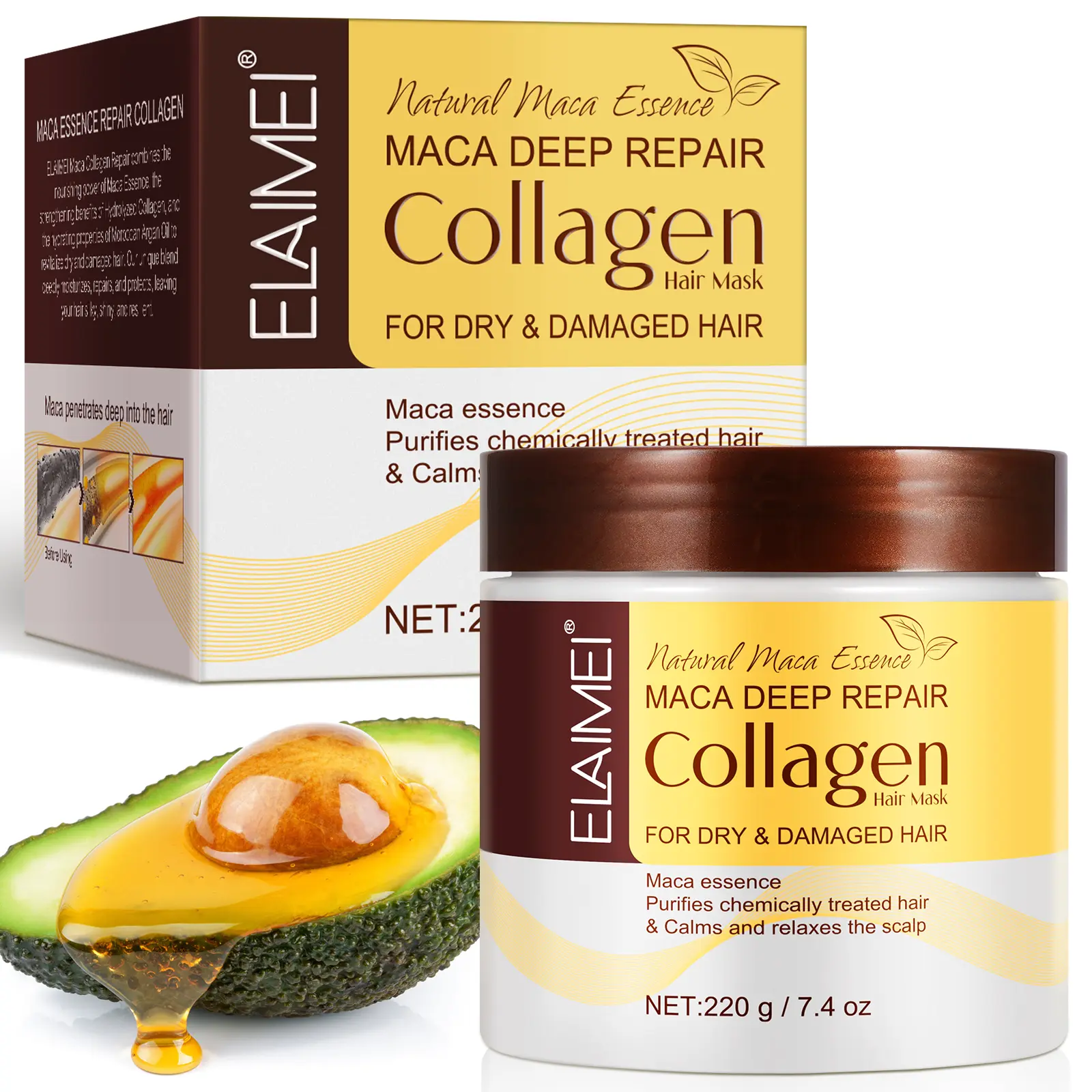 ELAIMEI Maca Collagen Hair Treatment Deep Repair Conditioning, Hair Mask Essence for Dry Damaged Hair All Hair Types 220ml Nourishing Hair Care Make Hair Stronger