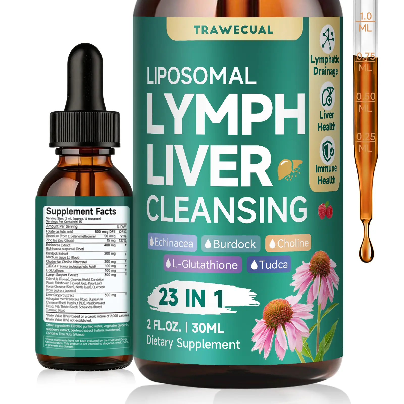 Trawecual Liposomal Lymphatic Drainage Drops - 23-in-1 Natural Liver Protection Antioxidants Nutritional Supplement, Herbal Detox with Echinacea, NAC, TUDCA, L-Glutathione, Burdock, Minerals, Raspberry Flavor, 2 fl oz, Immune Support