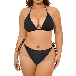 Tempt Me Women Plus Size Triangle Bikini String Two Piece Halter Tie Side Swimsuit Mid Waisted Bikini Sets for Women Plus Size Bathing Suit