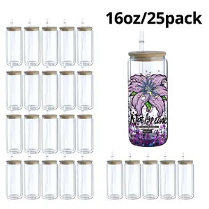 25packs Sublimation Snow Globe Cans, 16oz Double Wall Snow Globe Glass Cups with Pre-drilled Hole, Snowglobe Coffee Mug Cups with Bamboo Lid and Straw, Silicone Plug, for Glitter Snow Globe DIY, Festive Gifts. Hydration Tumbler Water Storage Bottle