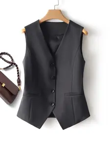 Solid Color Button Front V Neck Vest Blazers for Women, Business Minimalist Asymmetrical Hem Sleeveless Top, Ladies Formal Workwear Clothes for Work Office Business
