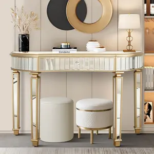 47" Half-Moon Mirrored Console Table - Fluted Glass, Crystal Knob Drawer, Silver/Gold Entryway Vanity Desk for Bedroom/Dressing Room (Small Entryway Table)