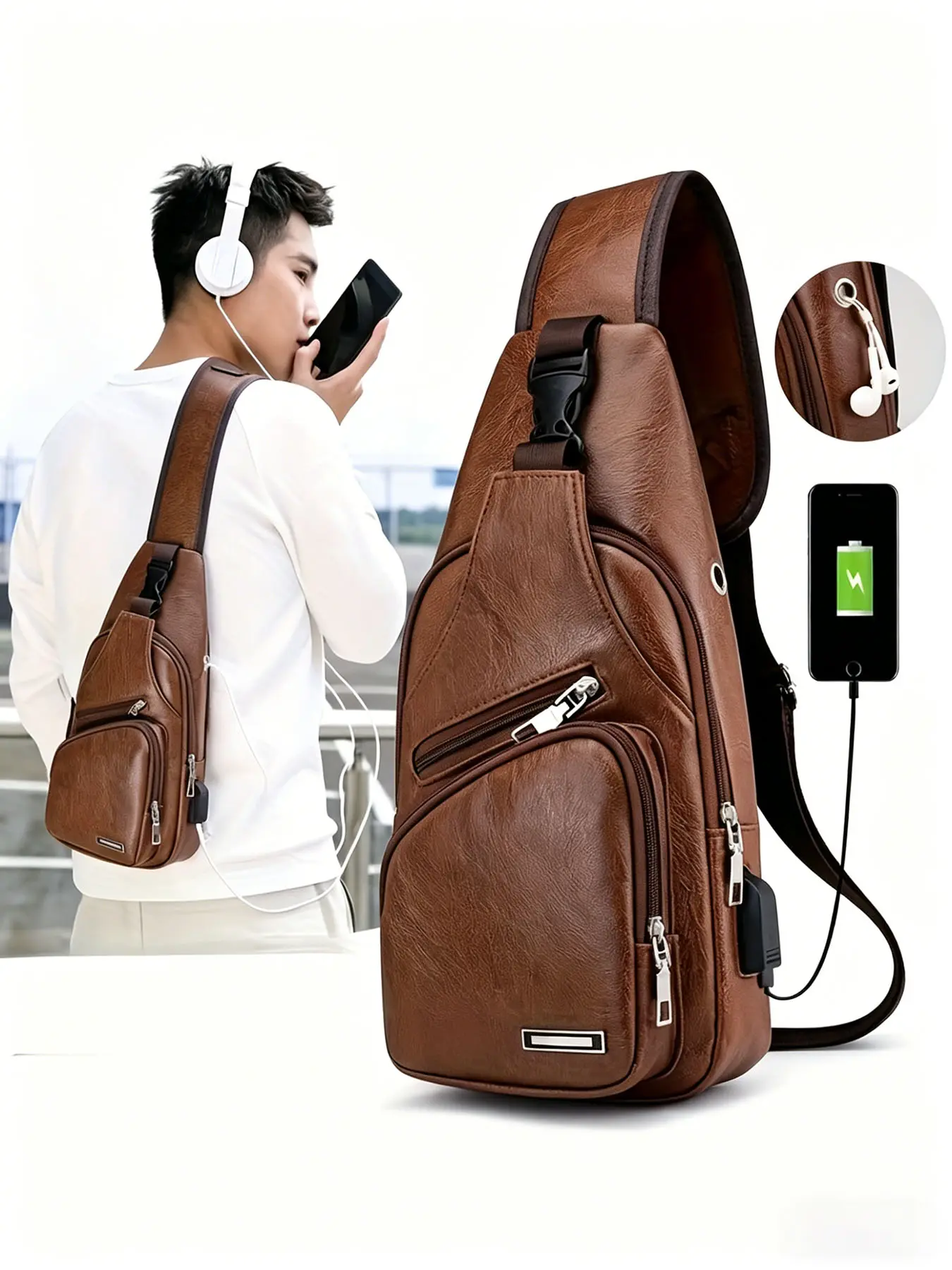 Leather Chest Bag with USB Charging Interface, Men's Portable Crossbody Sling Backpack, Adjustable Chest Pack, Convenient Charging Bag for Outdoor & Commute, Multifunctional Chest Bag