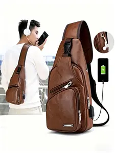 Leather Chest Bag with USB Charging Interface, Men's Portable Crossbody Sling Backpack, Adjustable Chest Pack, Convenient Charging Bag for Outdoor & Commute