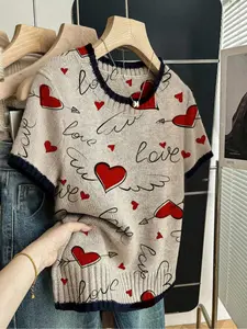 Heart Letter Print Round Neck Sweater, Casual Short Sleeve Knitwear for Spring Summer Fall, Comfortable Warm Women's Clothing