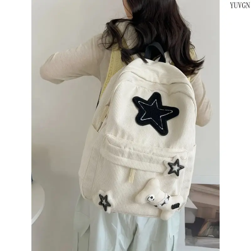 Corduroy Star Backpack for Women, Lightweight Japanese Preppy Style Large Capacity School Bag for College and Travel, Backpacks For School, Cute Backpacks For School