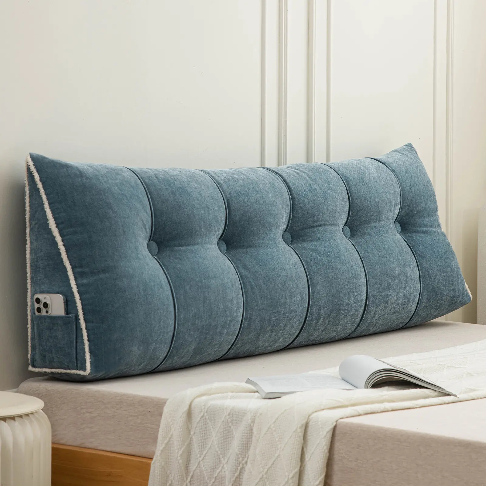 Blue Chenille Triangular Wedge Pillow - Soft-Touch Supportive Bolster, Waist Wedge Bolster, College Dorm Backrest Headboard Cushion for Day Beds