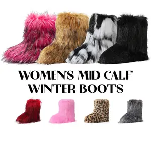 CYNLLIO Fur Boots for Women Round Toe Mid Calf Snow Fall Winter Boots Faux Fur Fuzzy Fluffy Suede Warm Fur Lined Booties Flat Fashion Boots