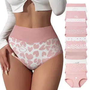 Hotcom 4/6/8/10 Pack Ladies Large Plus Size XS-XXXXL Pure Cotton High Waisted Tummy Control Panties Fresh Full Print Cute Comfort Soft Seamless Underwear Women's Everyday Wear Aesthetics Hipster Briefs Multipack