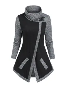 Women's Fall Winter Casual Comfortable Knit Pullover Sweater Fake Pocket Colorblock High Neck Long Sleeve Top, Fitted Style Fashion Knitwear, Knitwear Tops