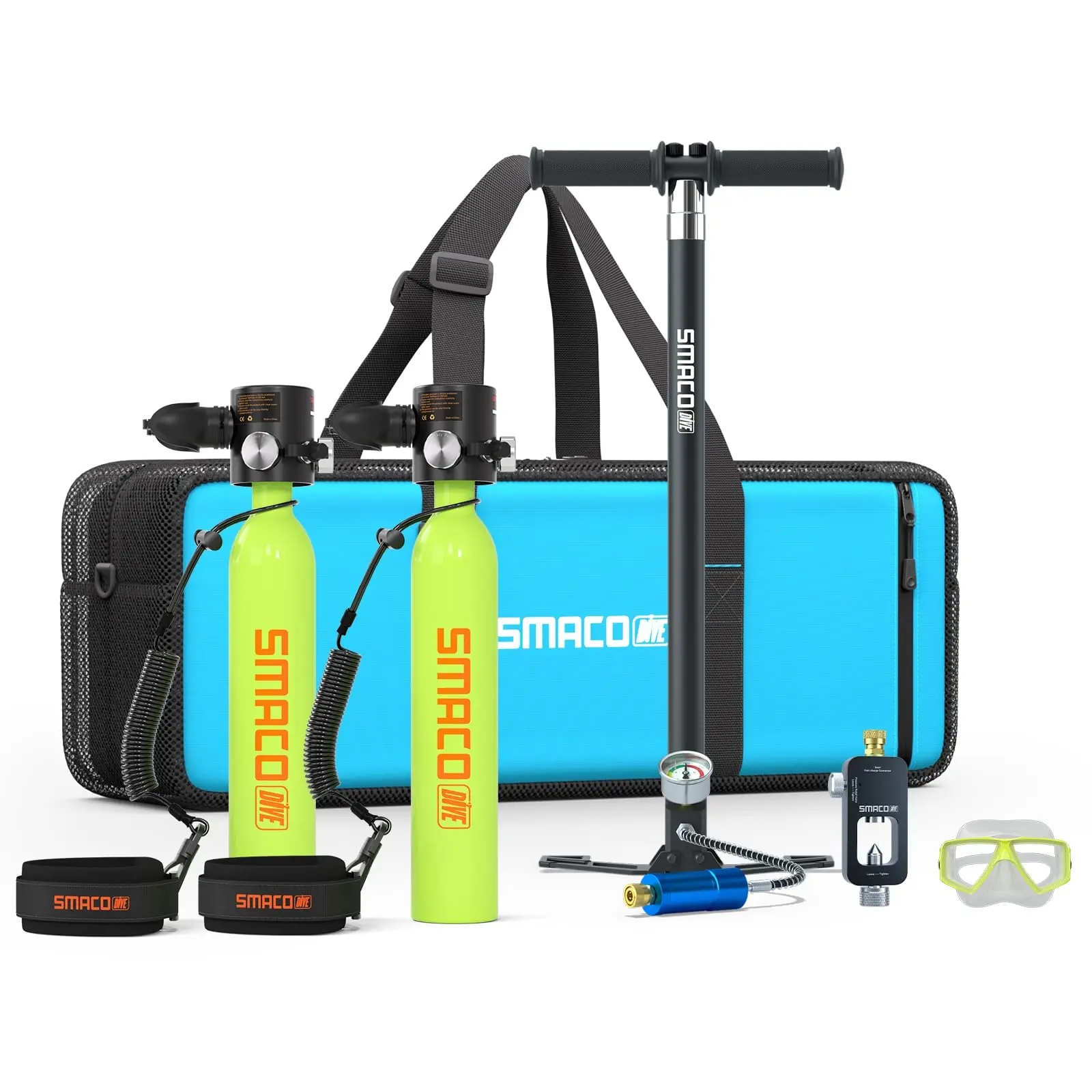 SMACO 2-Pack S300 Mini Scuba Tank DOT Certified 0.5L Aluminum Bottle Kit With Refill Adapter Hand Pump Diving Mask Lanyard Case Portable Air Source For Adult Diving Underwater Exploration Boat Cleaning Maintenance Emergency Backup Snorkels Goggles Mask