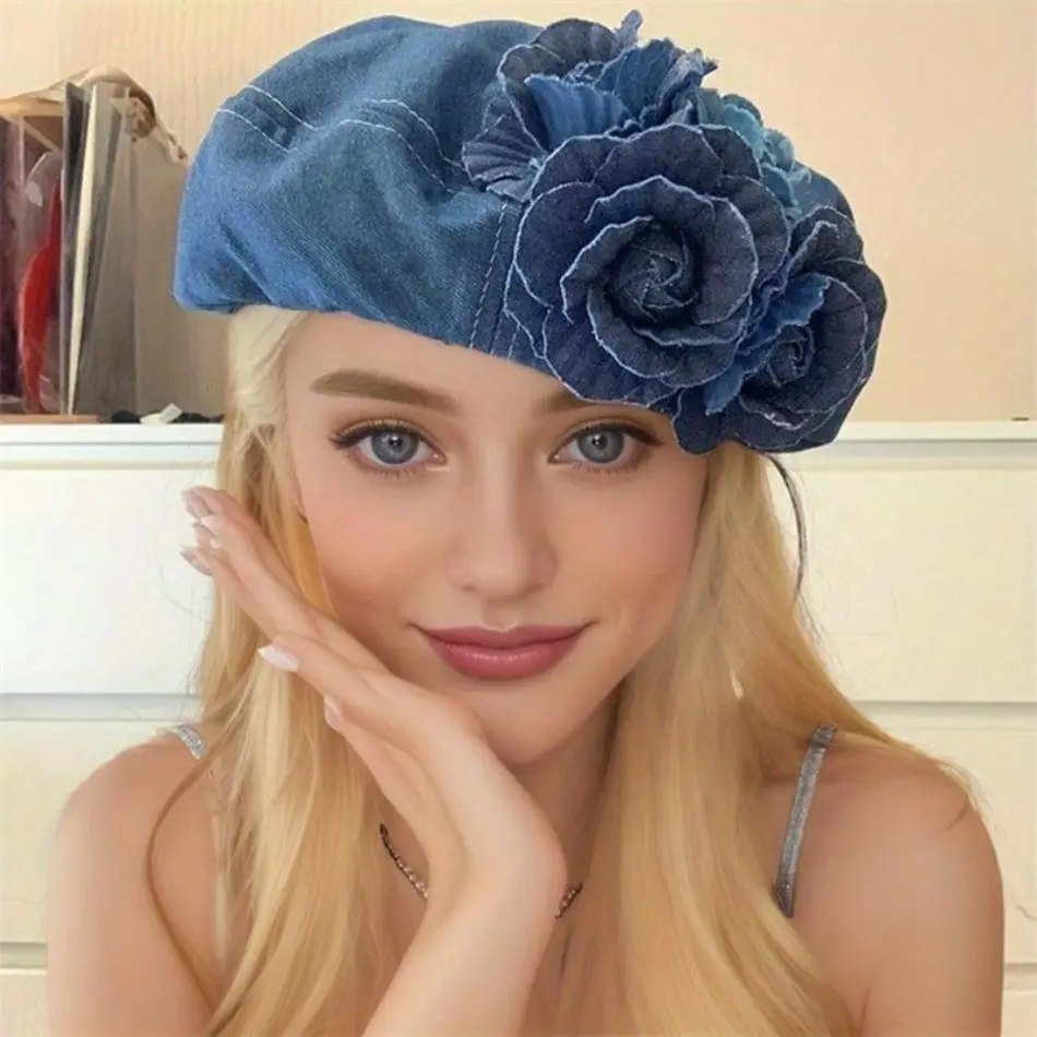 2026 New Chic Women's Denim Beret - 3D Floral Embroidered, Color Block, Foldable Cotton Blend Painter Hat, Unisex Outdoor Sports Accessory, Ideal for Black Friday, Christmas, Floral Embroidered Hat, Foldable Hat