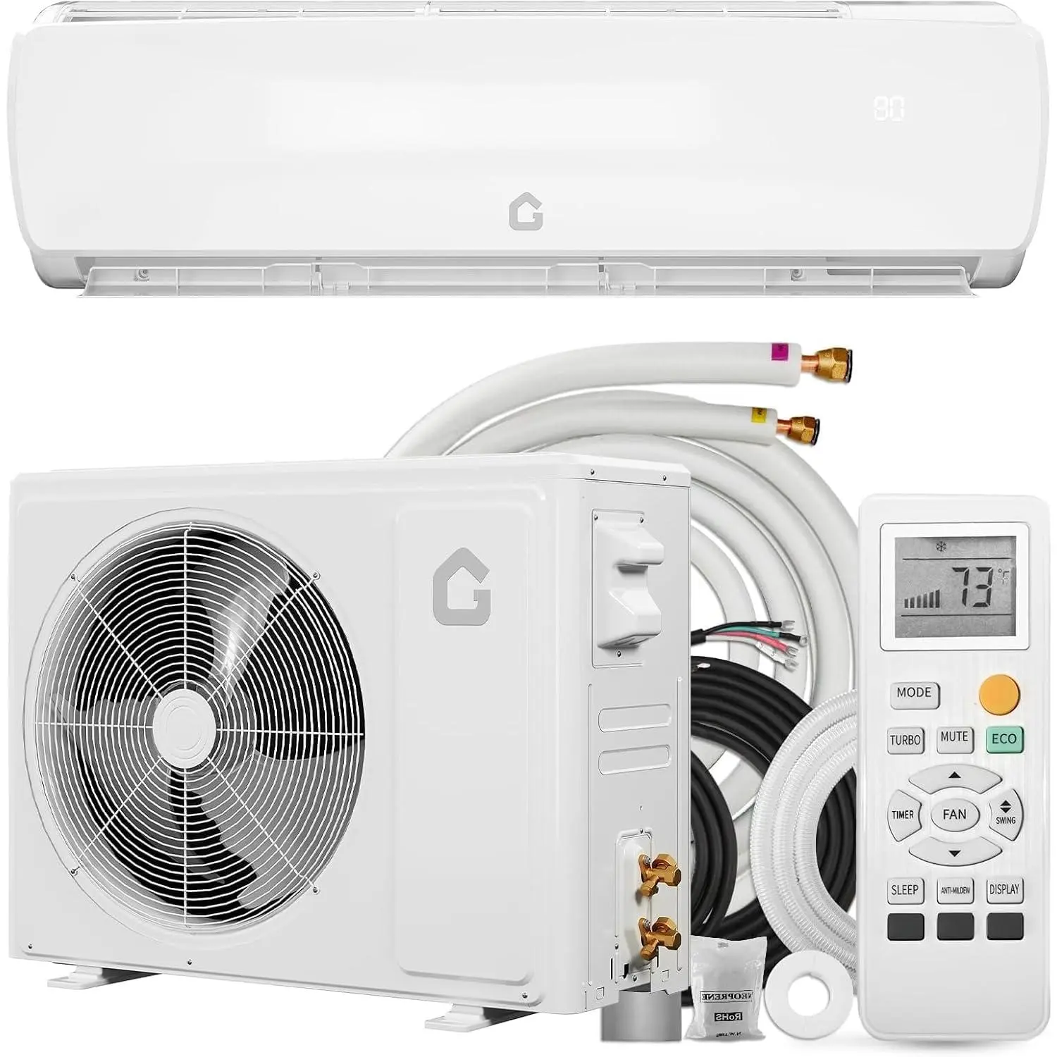 18000 BTU Ductless Wall-Mounted Mini Split Air Conditioner & Heat Pump - 19 SEER2 Inverter, 3-in-1 Cooling/Heating/Dehumidifying, Covers Up to 1250 Sq.ft, 230V, Complete Installation Kit, Pre-Charged
