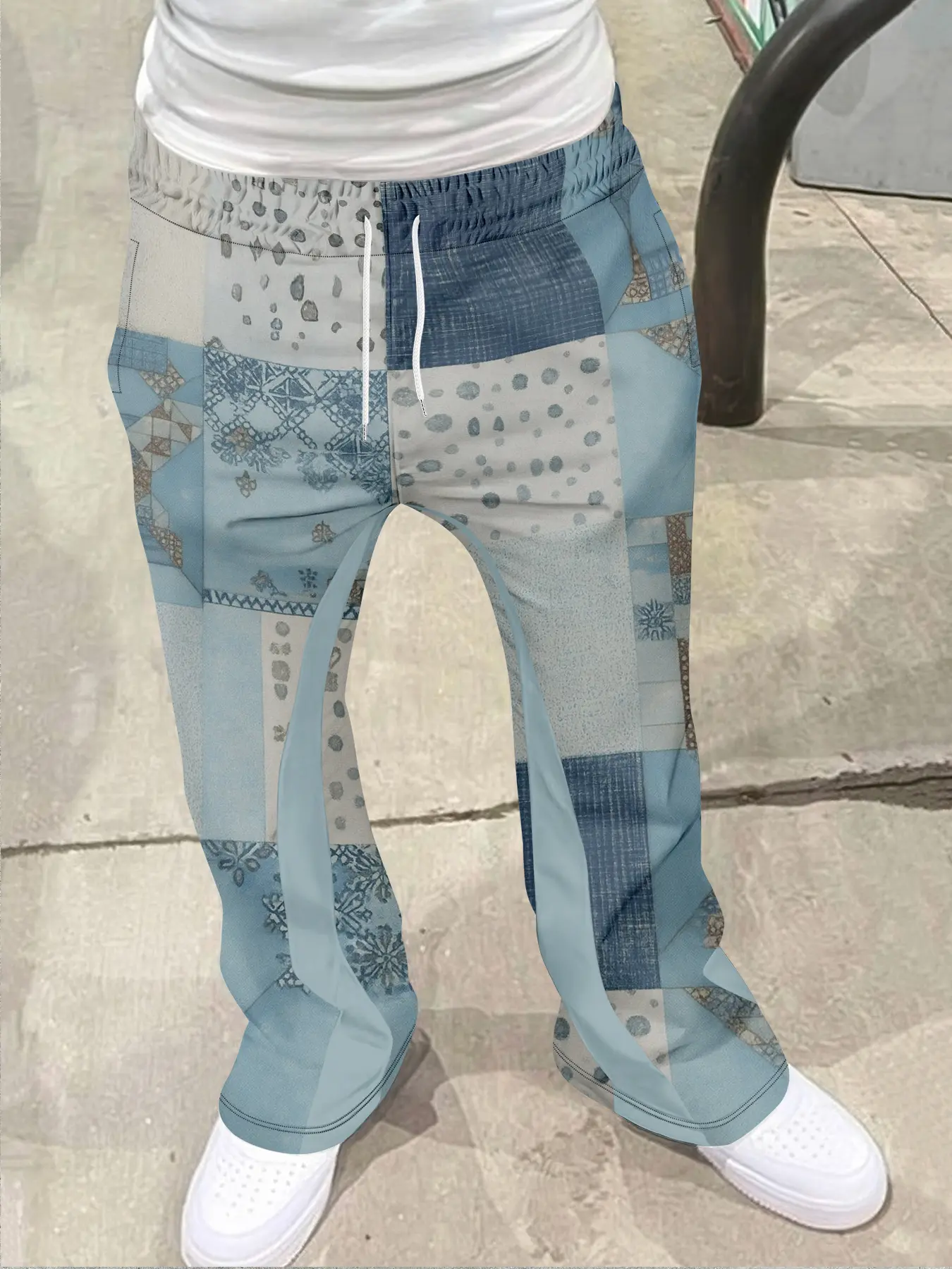 Men's Loose Fit 3D Print Bell Bottom Pants, Casual Streetwear Trousers, Casual Comfy Trouser, Casual Sporty Streetwear, Vintage Holiday, Geometric Pattern, All Seasons
