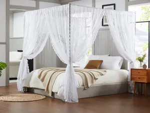 WARM HOME DESIGNS Lace Canopy Bed Curtains Set of 8 Canopies with Tie-Backs in Black, White, Gold and Pink