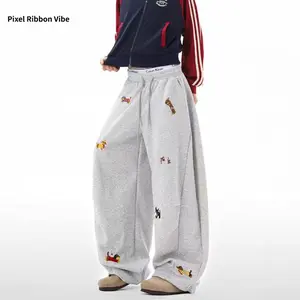 Unisex Embroidered Puppy Loose Fit Tube Sweatpants Y2K Street Style Loose Retro Joggers