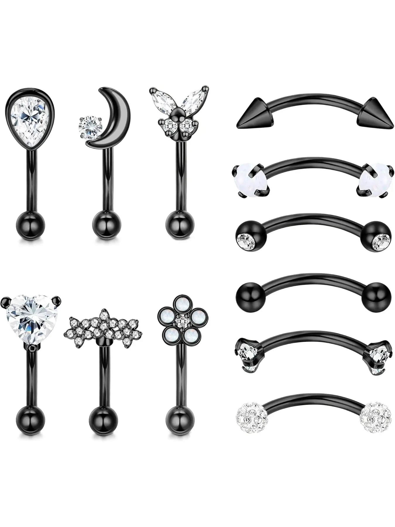 12Pcs 16G Hypoallergenic Stainless Steel Curved Barbell Eyebrow Rings For Women Men Rook Daith Cartilage Earrings Labret Lip Monroe Rings CZ Petite Belly Button Ring 8mm Body Jewelry Body Piercings Set