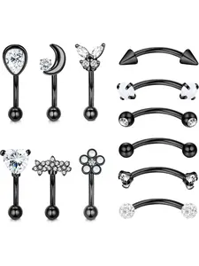 12Pcs 16G Hypoallergenic Stainless Steel Curved Barbell Eyebrow Rings For Women Men Rook Daith Cartilage Earrings Labret Lip Monroe Rings CZ Petite Belly Button Ring 8mm High Quality Jewelry