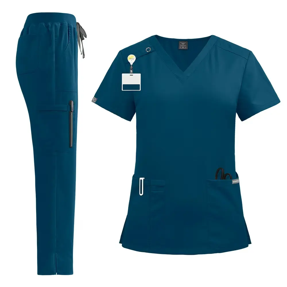 Women's 2-Piece V-Neck Scrub Set, Basic All-Season Polyester Workwear Uniform with Pockets, Short Sleeve Top and Pants for Healthcare, All Seasons