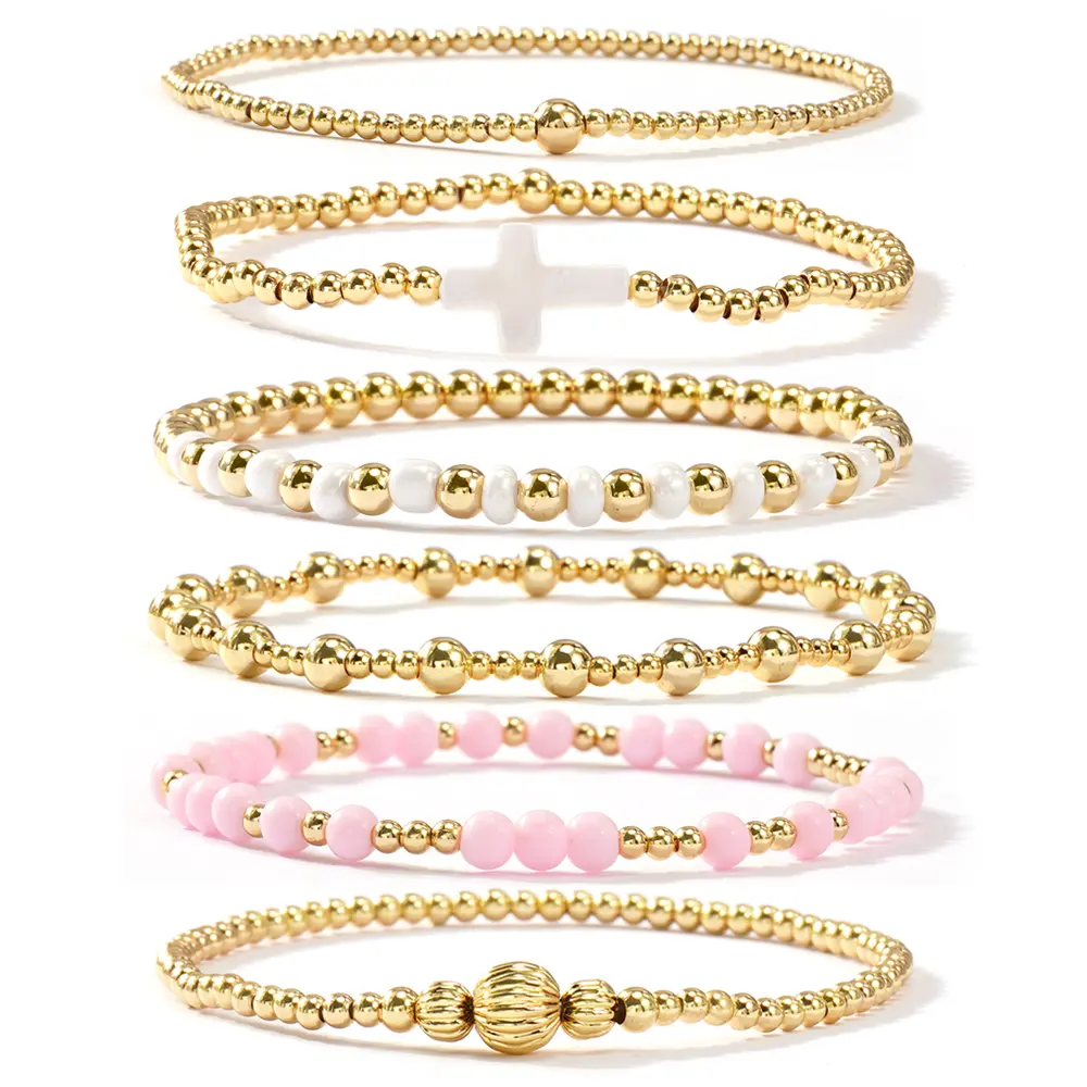 SHINUS Women's Boho 14 Karat Gold-Plated Brass Small Seed Ball Beads Stretch Bracelet Wrist Stack - 7in, Stackable, Trendy, Waterproof, Pink Link, Gold Aesthetic, Unique Costume Jewelry, Accessories for Women, Valentine's Day Gift, Jewelry For Women, Funk