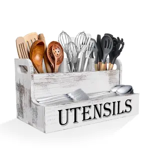 Large Kitchen Utensil Rack with 4 Compartments, Wooden Storage Organizer, Kitchen Utensils Holder, Ideal for Countertop, Farmhouse Kitchen Decor, Country Cooking Tools