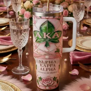 Alpha Kappa Alpha Tumbler With Handle, Alpha Kappa Alpha AKA Pink And Green Stainless Steel Mug, Luxury Sorority Gift, Elegant Floral Design Cup, Sisterhood Pride Drinkware