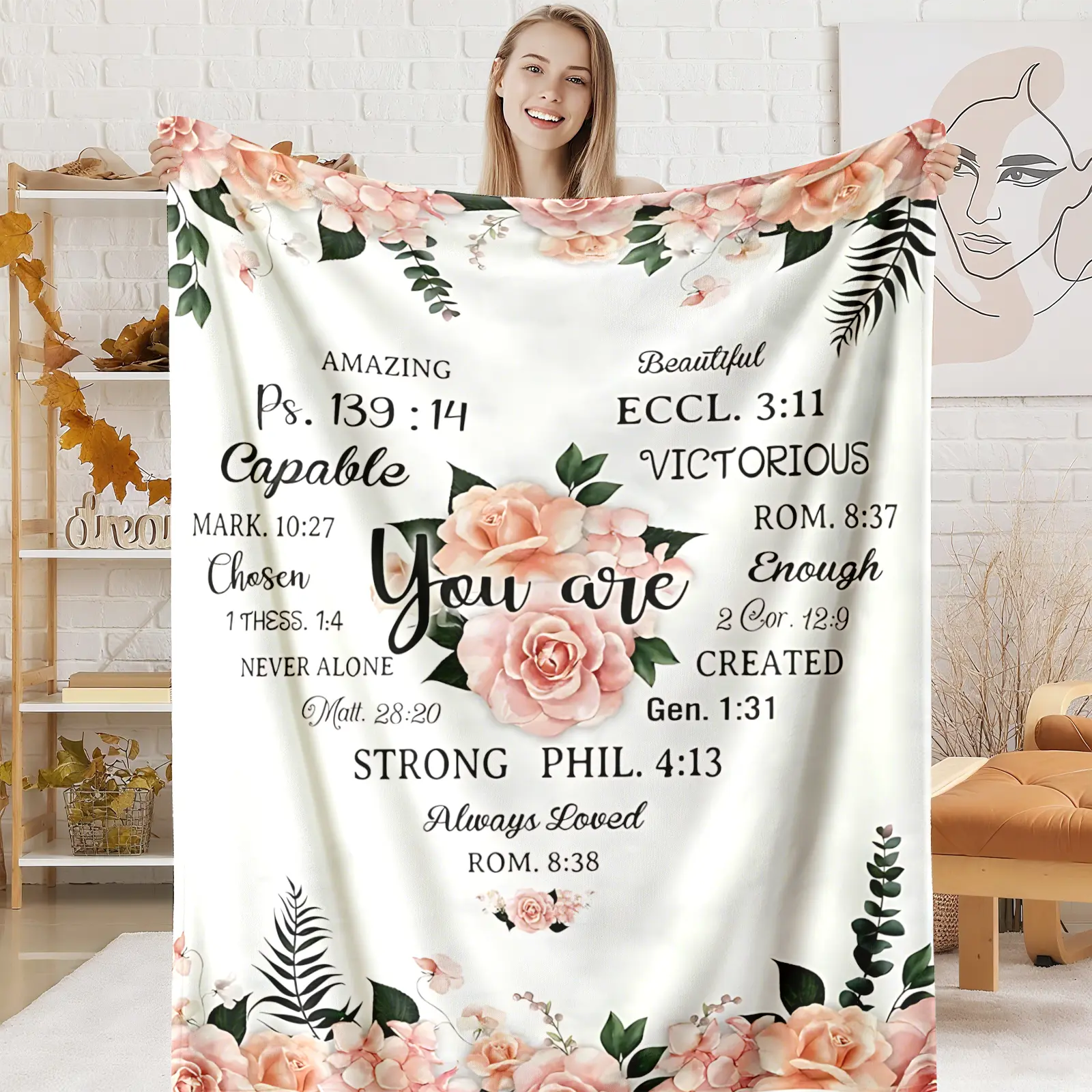 You Are Amazing Capable Chosen Flannel Throw Blanket, Bible Verse Pink Rose Floral Pattern Soft Warm Cozy Nap Blanket for Couch Bed Sofa, Christian Inspirational Gift for Her Girl Believer, Birthday Christmas Holiday Gift