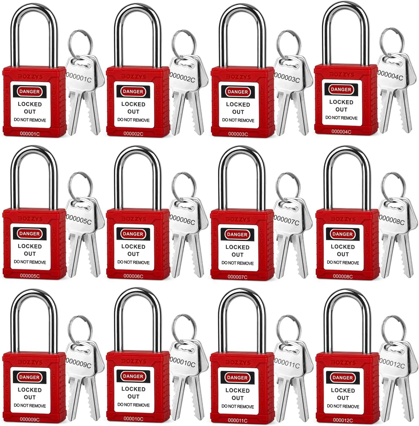 BOZZYS Lockout Tagout Locks with 2 Master Keys｜12-Pack Yellow OSHA Loto Lock｜Keyed Different & Laser Coding｜Lock Out Padlock Kits for Machinery & Electrical Panels