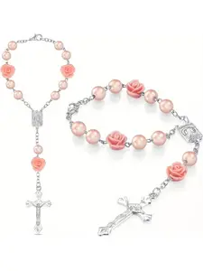 1pc Pink Rose Car Rosary - Elegant Rearview Mirror Hanging Ornament With a Cross Pendant, ABS Material, Religious Car Decoration, Personal Protection, Cute Car Decoration, Car Accessories.