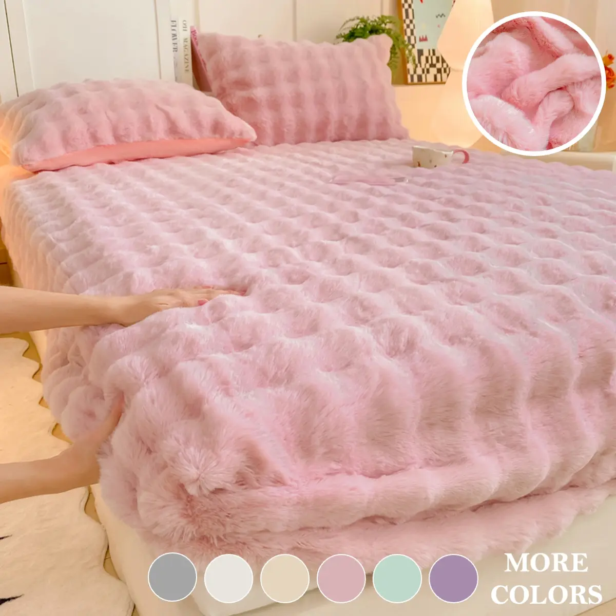 1pc Soft Faux Rabbit Fur Plush Bed Cover – Elastic Fitted & Machine Washable, Warm Light Beige, Skin-Friendly, Non-Shedding & No Fading, For Bedroom Comfort, Fluffy Cozy Bedding, Soft Comfy Bedding, Luxury Home Décor, Bed Decor for Comfort Seekers