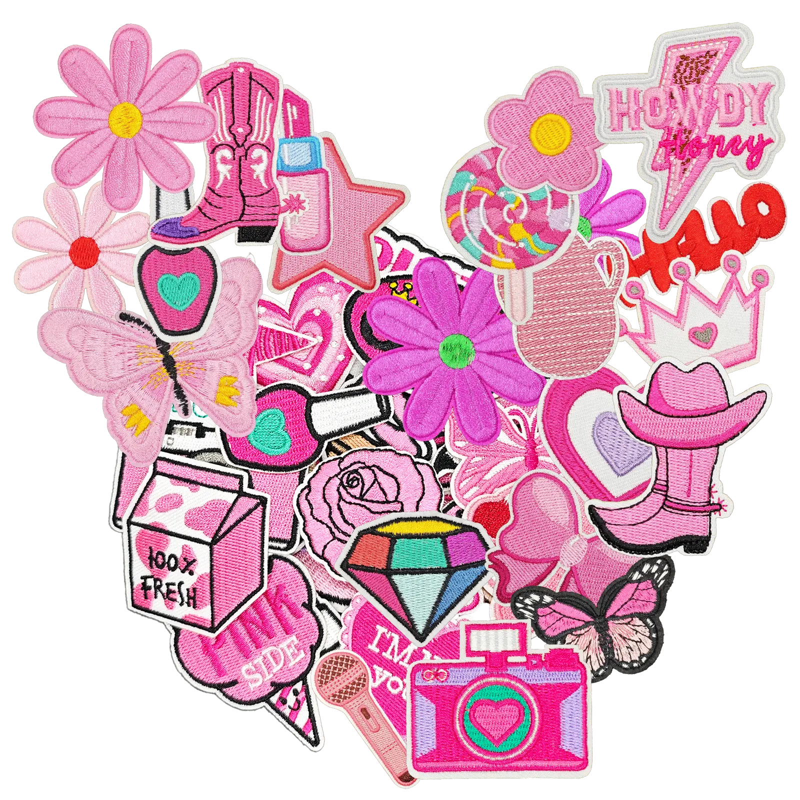 60Pcs Bright Pink Iron-On Embroidered Patches - Preppy Fun, Random Assorted Stars/Hearts, 100% 3D Detail, Fabric Sewing Accessories for Garments/Hats, DIY Enthusiasts of All Ages