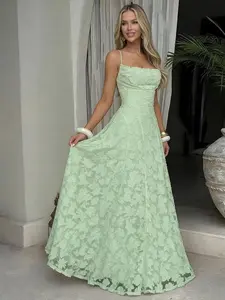 Women's Fashion Sexy Backless Lace Dress, Elegant Long Sleeve Maxi Gown, Perfect for Party & Wedding Events, Comfortable All-Season Wear