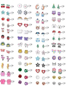 51pairs Kids Earrings for Girls Cute Stud Earrings Set, Hypoallergenic Stainless Steel, Coloured Cz Animals, Flowers, Pearls for All Seasons