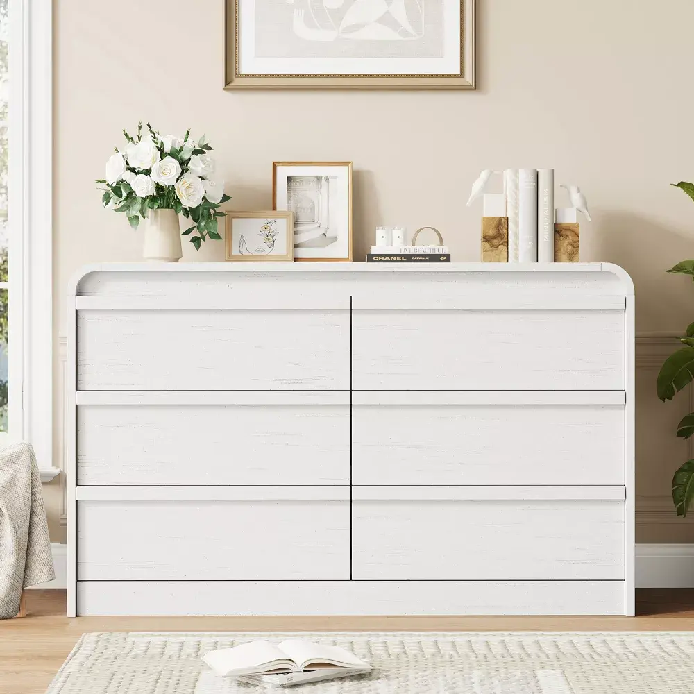 White Furniture Dresser - Anti-Tip Safe Engineered Wood 6-Deep Drawer Modern Handle-Free Arched Curved-Design Indoor Storage Chest