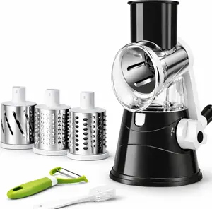 Cheese Grater Rotary Cheese Grater, Hand Crank Vegetable Slicer & Shredder with 3 Interchangeable Stainless Steel Blades, Manual Cheese Grater for Parmesan, Nuts & Vegetables, Strong Suction Base, BPA-Free