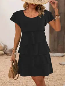 Layered Flowy Dress, Flutter Sleeve Design, Breathable Comfort Curvy Friendly Dress