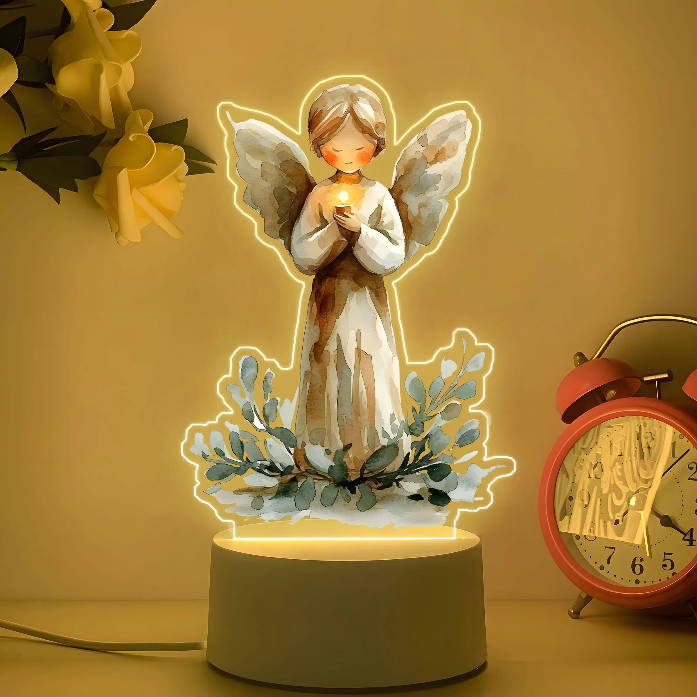 Acrylic LED Night Light, Praying Angel Design, Christmas Theme, USB Powered, Warm Light, Button Control, Bedroom Decor, Indoor Decorative Light, Led Decoration, Bedside Night Light, Led Light Up, Nightlight