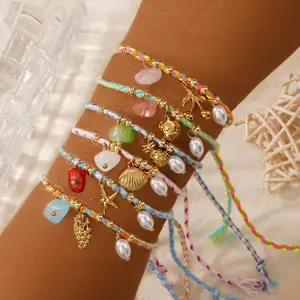 Bohemian-Style Beach Vacation Bracelets, Hand-Woven Colorful Cord Jewelry with Shell and Starfish Pendants for Sports & Outdoor Use