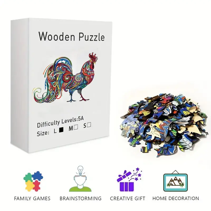 Exotic Colorful Rooster Mandala Wooden Irregular Puzzle, Challenging Brain Teaser Jigsaw Puzzle, Premium Wood Art Puzzle for Family Game Nights, Stress Relief & Themed Gifting