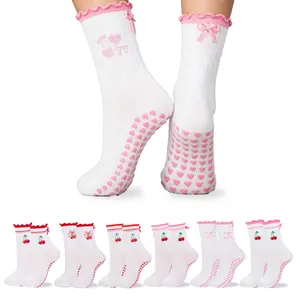 Women’s Anti-Slip Yoga Socks – White Mid-Calf with Red & Pink Cherry & Ruffled Edge, Ideal for Pilates & Fitness