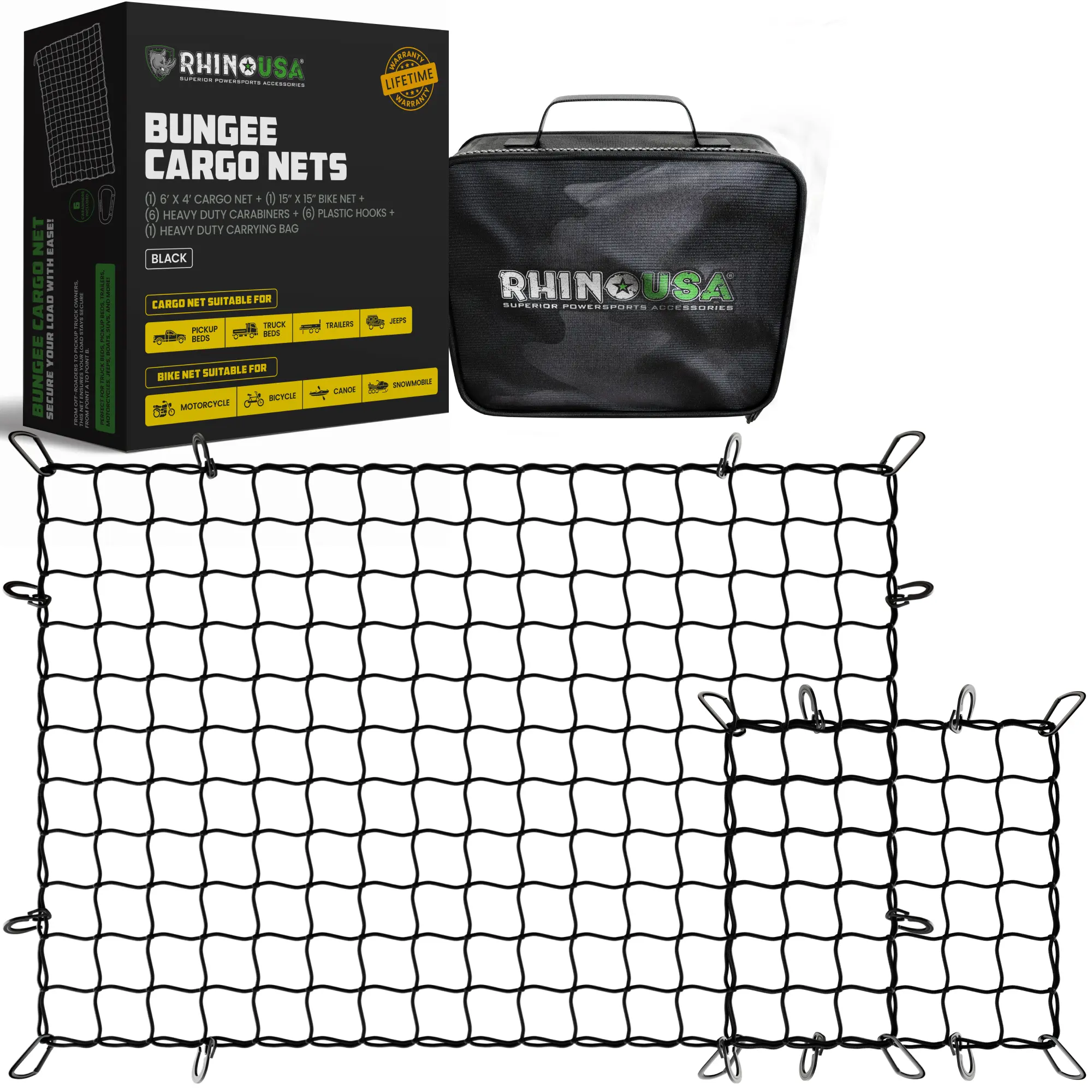 Rhino USA Bungee Cargo Net Set - Ultimate Cargo Accessory Includes Carry Case, Carabiners, 4' x 6’ Net, 15" x 15" Mini-Net - Black