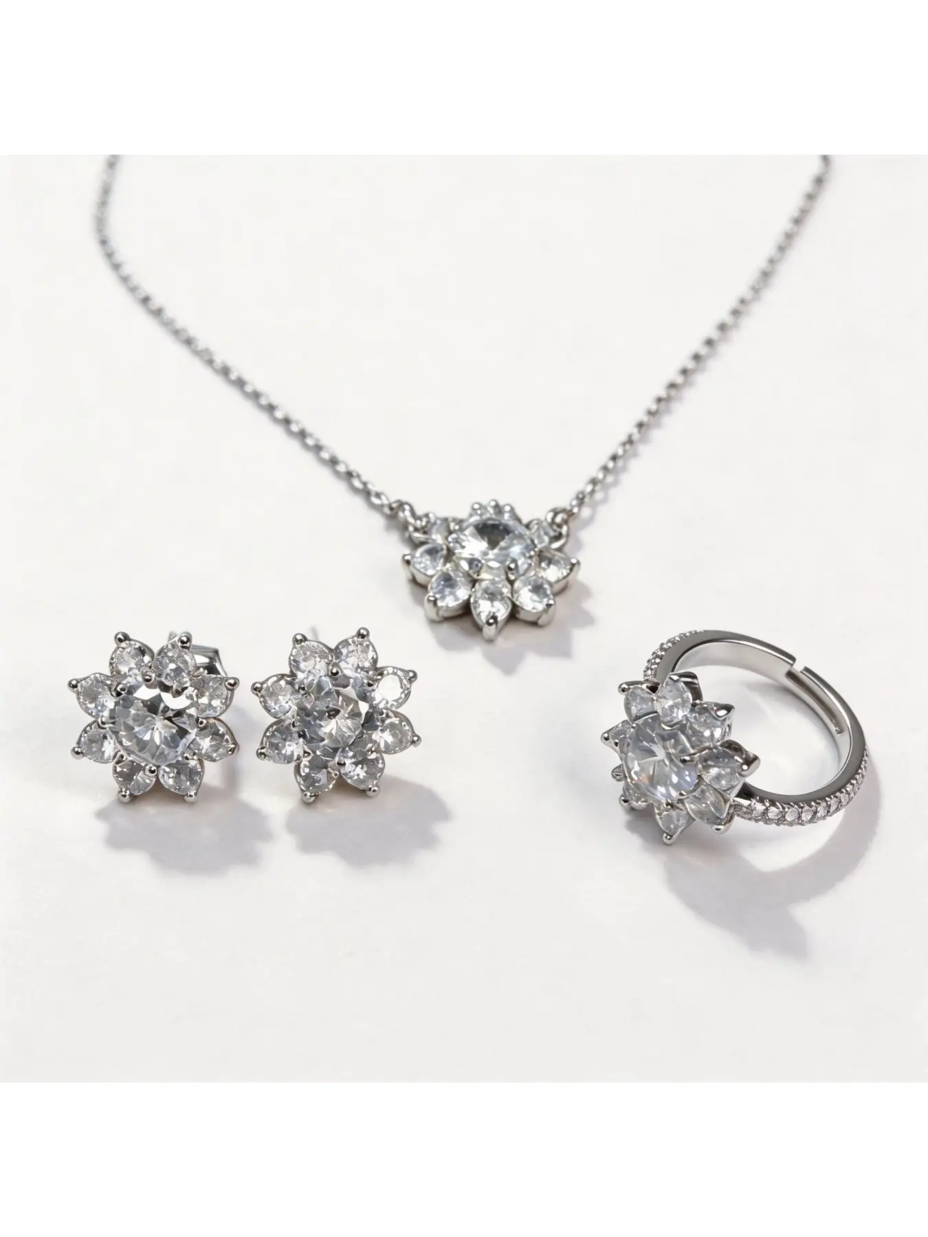 Flower design necklace, earrings, ring jewelry set, simple and personalized, suitable for men and women, versatile crystal jewelry, proposal ring, gift, holiday gift