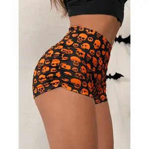 Women’s Y2K Halloween Skull Print Pleated Skinny Shorts, Casual High Waist Bottom, Trendy Streetwear for Women GARMENTARY