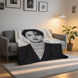 Bang Chan Anime-Style Flannel Blanket - Soft & Cozy Modern Design with Vibrant Digital Print, 250-300gsm Fabric, Perfect for Sofa, Office, Travel & Home Decor, All-Season Use, Blanket for Couch, Office Throw, Stylish Throw, Highquality Throw-280GSM