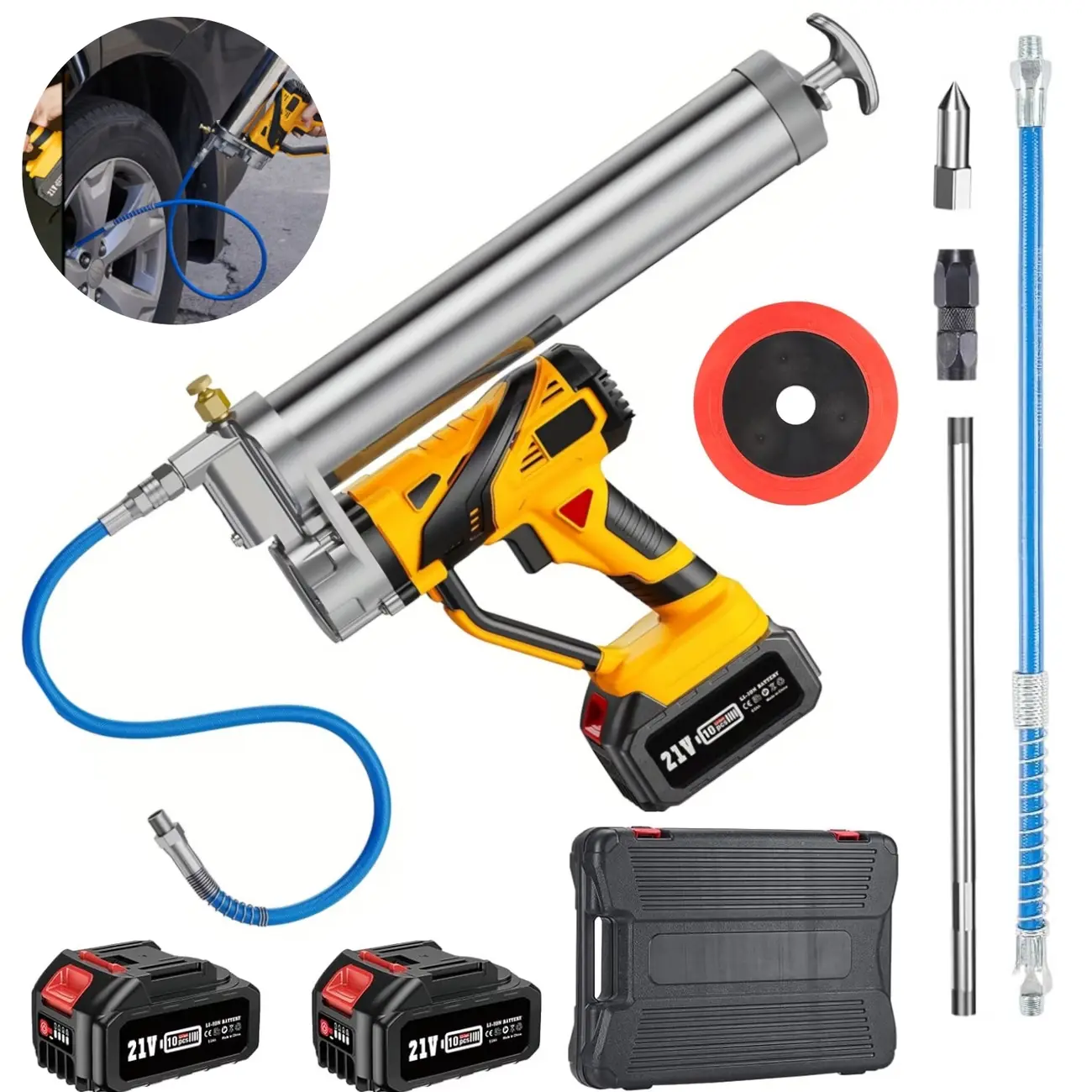 12000 PSI Rechargeable Cordless Grease Gun Kit - 2×4000mAh Batteries, Variable Speed Trigger & LED Lights