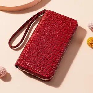 2026 New High-End Crocodile Pattern Women's Clutch/Wallet, Long Style, Multi-Card Slots, Large Capacity, Stylish and Elegant, Can Hold Phone and Cards, Solid Color Accordion Card Holder, Multi-Functional Zipper Coin Purse