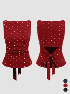 Women's Polka Dot Tank Top, Summer Sleeveless Knot Design, Y2K Style, Slim-Fitting Fitted, Round Neck, Back Tie, Casual Wear Womenswear Lady